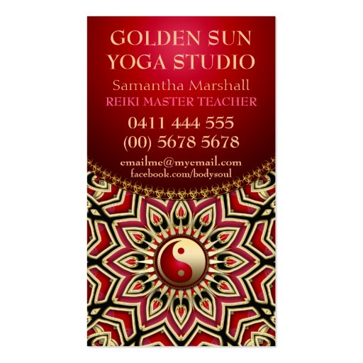 Golden Sun Yoga Reiki Balance Red Business Cards (back side)