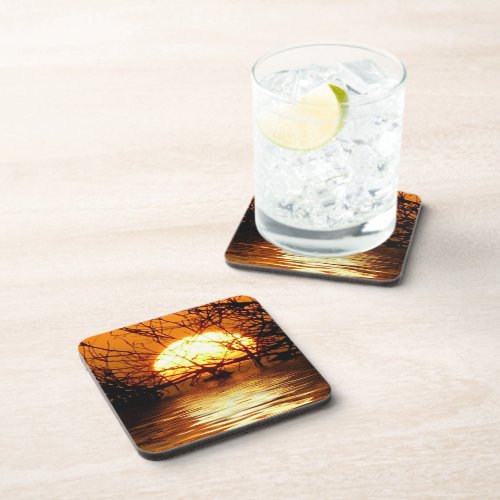 Golden Sunset Liquid Reflection Set of 6 corkcoaster