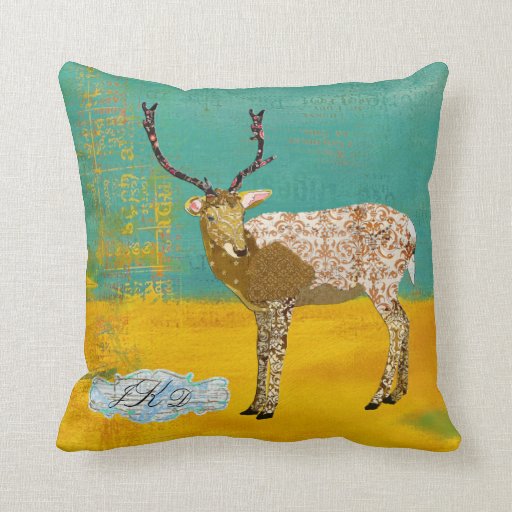 Golden Teal Ornate Deer Monogram Mojo Pillow Zazzle