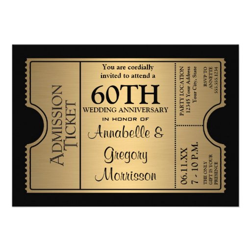 Golden Ticket Style 60th Wedding Anniversary Party Personalized Invite (front side)