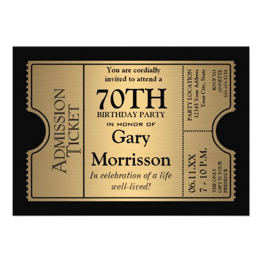 Golden Ticket Style 70th Birthday Party Invite (front side)