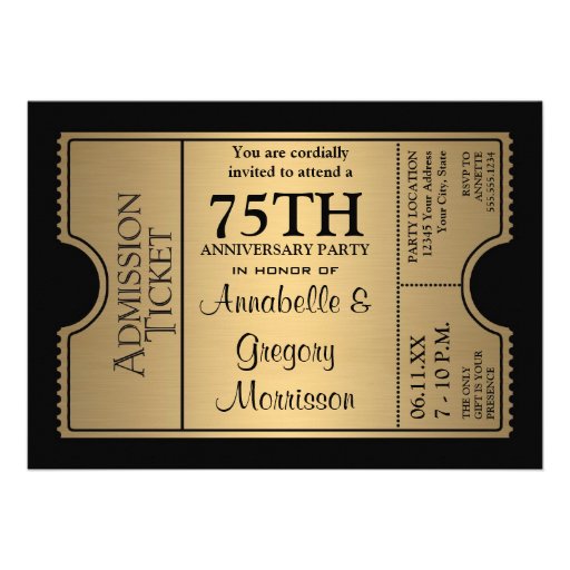 Golden Ticket Style 75th Wedding Anniversary Party Invites