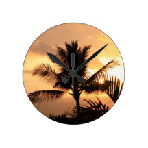 Golden Tropical Sunset and Palm Tree Round Wall Clocks