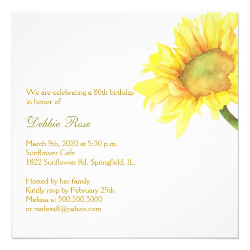 Golden Watercolor Sunflowers 80th Birthday Party Custom Announcement