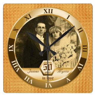 Golden Wedding Anniversary Photo Custom Amber Gold Wall Clocks