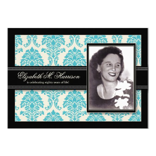 Golden Years Damask Birthday Party Invite (aqua) (front side)