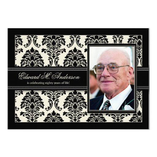 Golden Years Damask Birthday Party Invite (black) (front side)