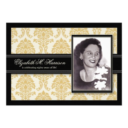 Golden Years Damask Birthday Party Invite (gold) (front side)