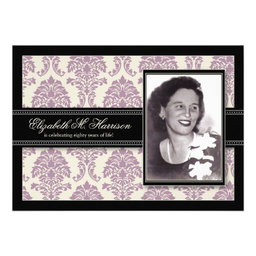 Golden Years Damask Birthday Party Invite (lilac) (front side)