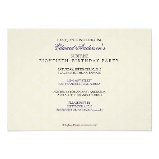 Golden Years Damask Birthday Party Invite (navy)