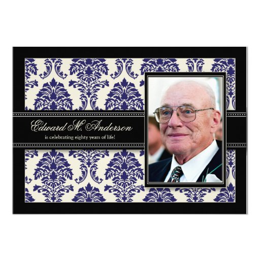 Golden Years Damask Birthday Party Invite (navy) (front side)