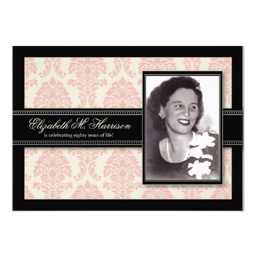 Golden Years Damask Birthday Party Invite (pink) (front side)