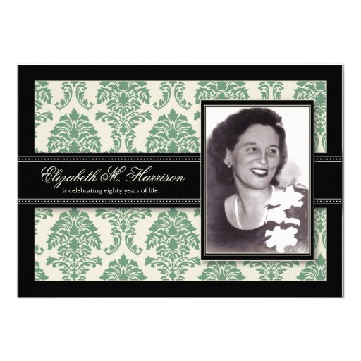 Golden Years Damask Birthday Party Invite (sage) (front side)