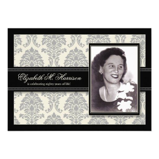 Golden Years Damask Birthday Party Invite (silver) (front side)