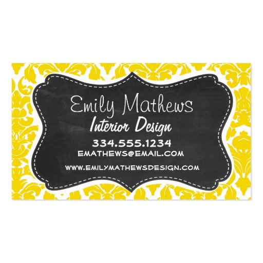 Golden Yellow Damask; Vintage Chalkboard Business Card (front side)