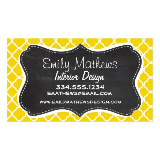 Golden Yellow Moroccan Quatrefoil; Chalkboard look Business Card Template (front side)