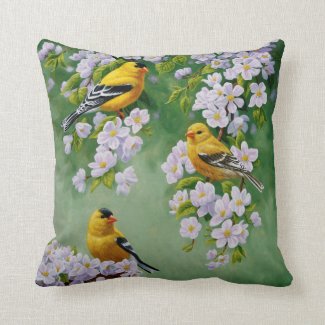 Goldfinch and Blossoms Throw Pillows