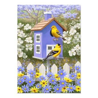 Goldfinches and Fancy Purple Birdhouse 5x7 Paper Invitation Card