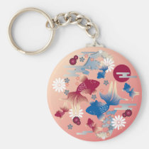 japanese, oriental, asia, beautiful, cute, cool, culture, traditional, fish, flower, blossom, sakura, kingyo, goldfish, spring, new, year, pink, blue, china, chinese, Keychain with custom graphic design