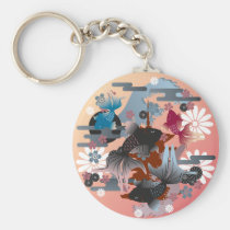 japanese, oriental, asia, beautiful, cute, cool, culture, traditional, fish, flower, blossom, sakura, kingyo, goldfish, spring, new, year, pink, blue, china, chinese, Keychain with custom graphic design