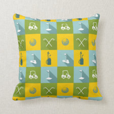 Golf Icons in Gold Green and Blue Squares Throw Pillow