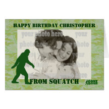 Gone squatchin bigfoot on green camo greeting card