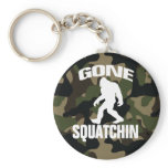Gone Squatchin white logo with Camo Background Keychains
