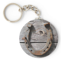 Good Luck Horseshoe on Wooden Fence Keyring Key Chain