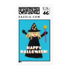 postcard - Cute Halloween postage stamps featuring cut paper art of a cute good little witch and her magic wand wishing everyone a happy halloween. Perfect for kids or adults snail mail halloween greetings and invitations! From Lesruba Designs' Halloween Treats.