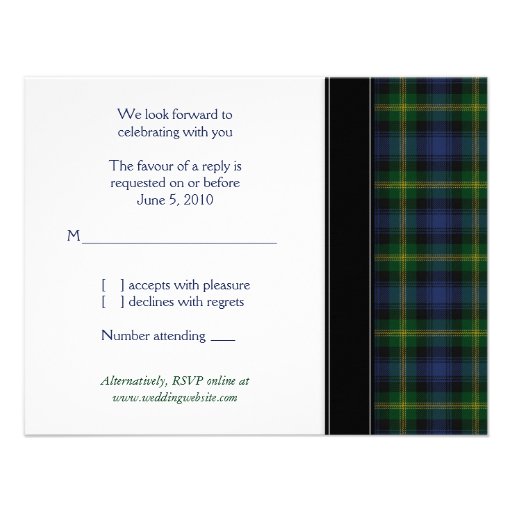 Gordon Tartan Celtic Wedding Response Card Custom Invite