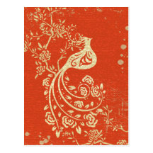 Gorgeous Fantasy Bird Red Grunge Background Post Cards