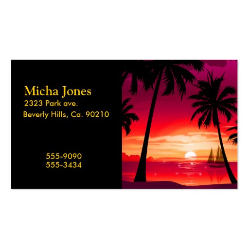 Gorgeous Shimmery Island Sunset & Sailboat Business Card (front side)