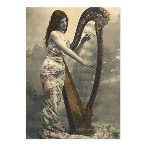 Gorgeous Vintage Woman Harpist  Invitations (front side)
