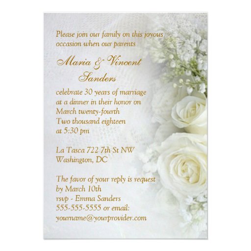 Gorgeous white roses 30th Wedding Anniversary Personalized Invitation