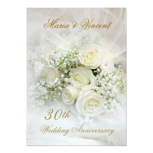 Gorgeous white roses 30th Wedding Anniversary Personalized Invitation (front side)