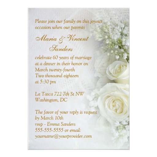 Gorgeous white roses 60th Wedding Anniversary Custom Invitation
