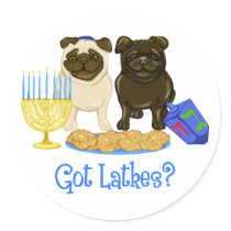 Got Latkes? Hanukkah Pug Stickers by designsbydandy Got Latkes? Hanukkah Pug Stickers