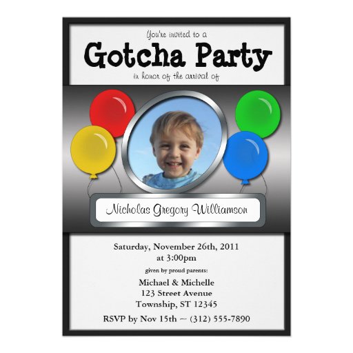 Gotcha Party Balloon Adoption Invitations