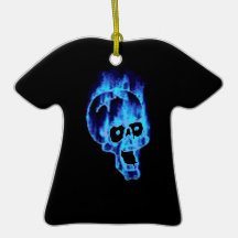 Goth Blue Skull on Fire Christmas Ornament