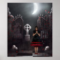 Goth girl in spooky moonlit graveyard print