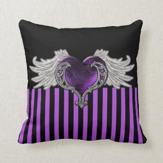 Goth Purple Heart with Angel Wings Throw Pillow