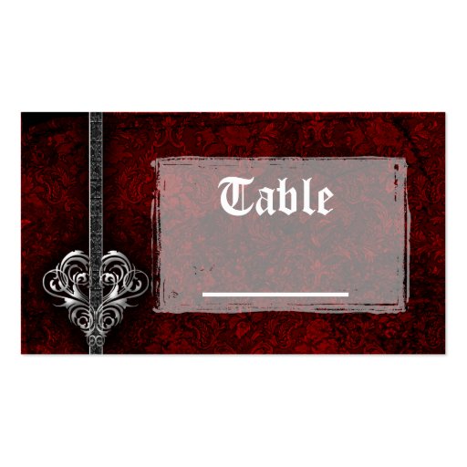 Goth Red Damask Silver Heart Reception Table Cards Business Card (front side)