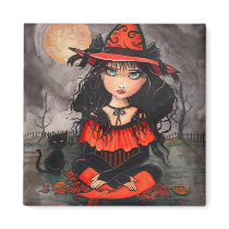 Gothic Big Eye Halloween Witch Cat Art Magnet