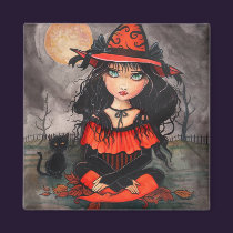 Gothic Big Eye Halloween Witch Cat Art Magnet magnets