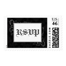 Gothic Black & Charcoal Grey Damask RSVP Postage