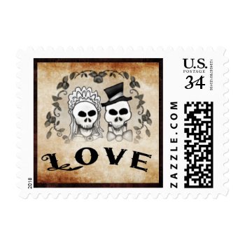 Gothic Brown Wedding Love Halloween Skeletons Postage Stamp by juliea2010 at Zazzle