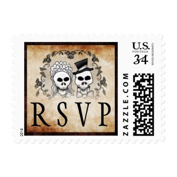 Gothic Brown Wedding Rsvp Halloween Skeletons Postage Stamp by juliea2010 at Zazzle