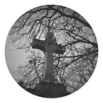 Gothic cemetery sheltered cross tombstone round sticker