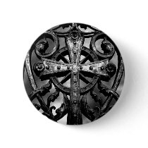 Gothic cemetery wrought iron celtic cross in heart pinback button