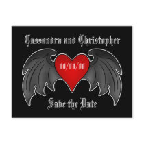 Gothic dark red winged heart save the date postcard